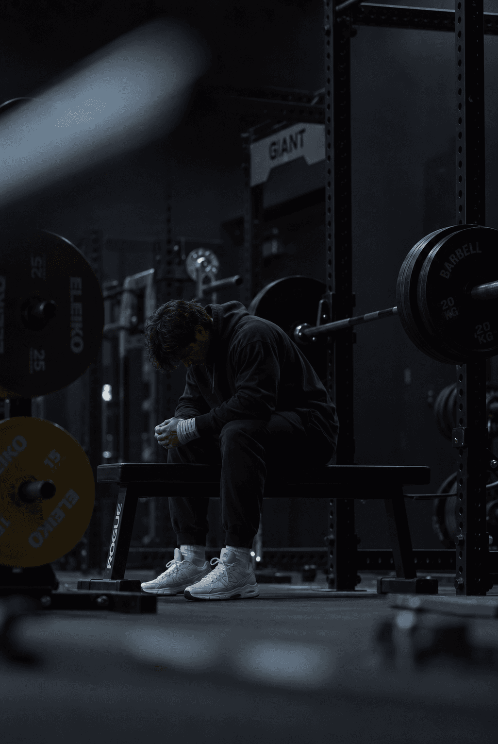 An athlete sitting on a bench, head down, catching his breath after a hard set