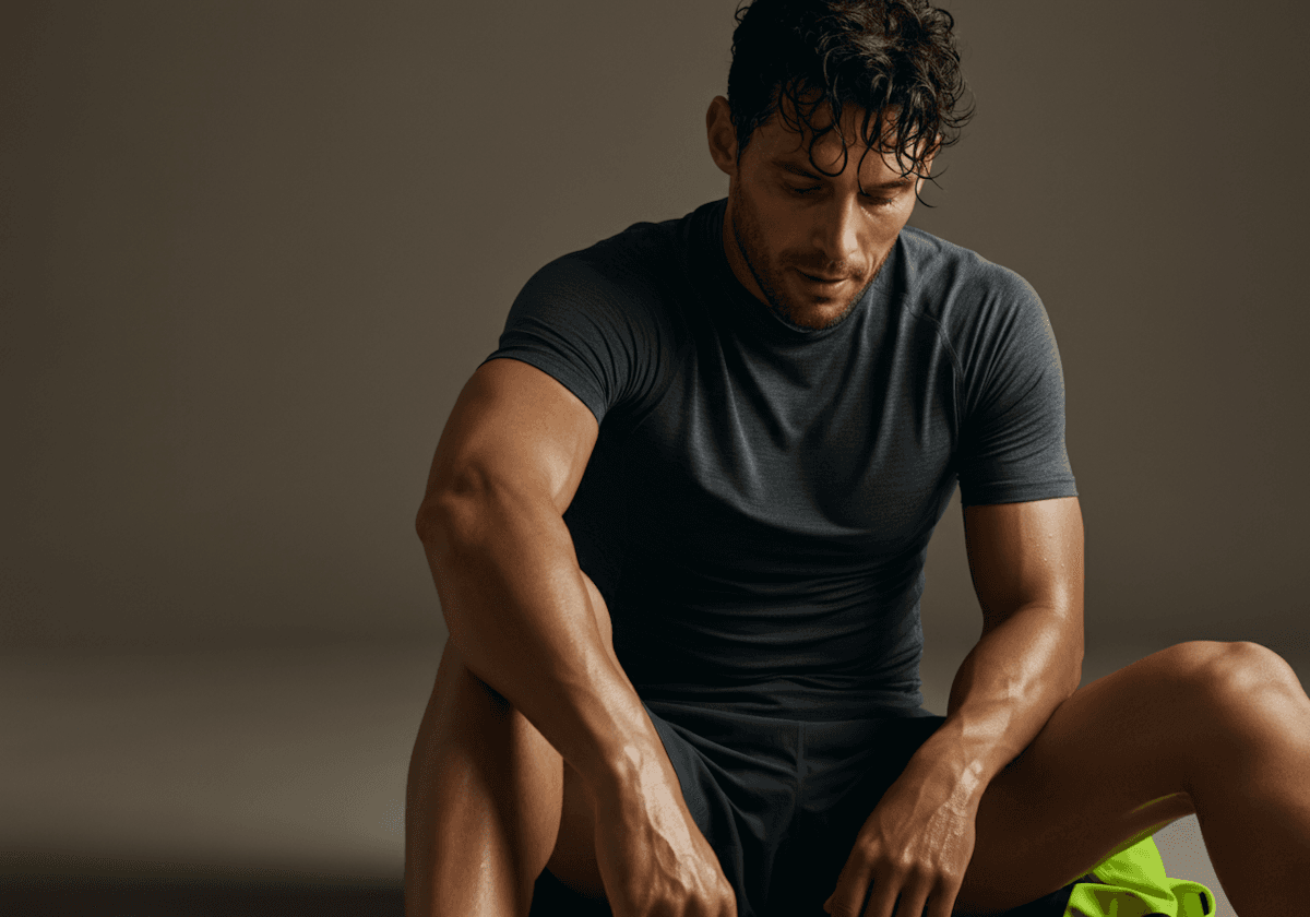 A man sitting mid-rest after a training session, dim moody lighting